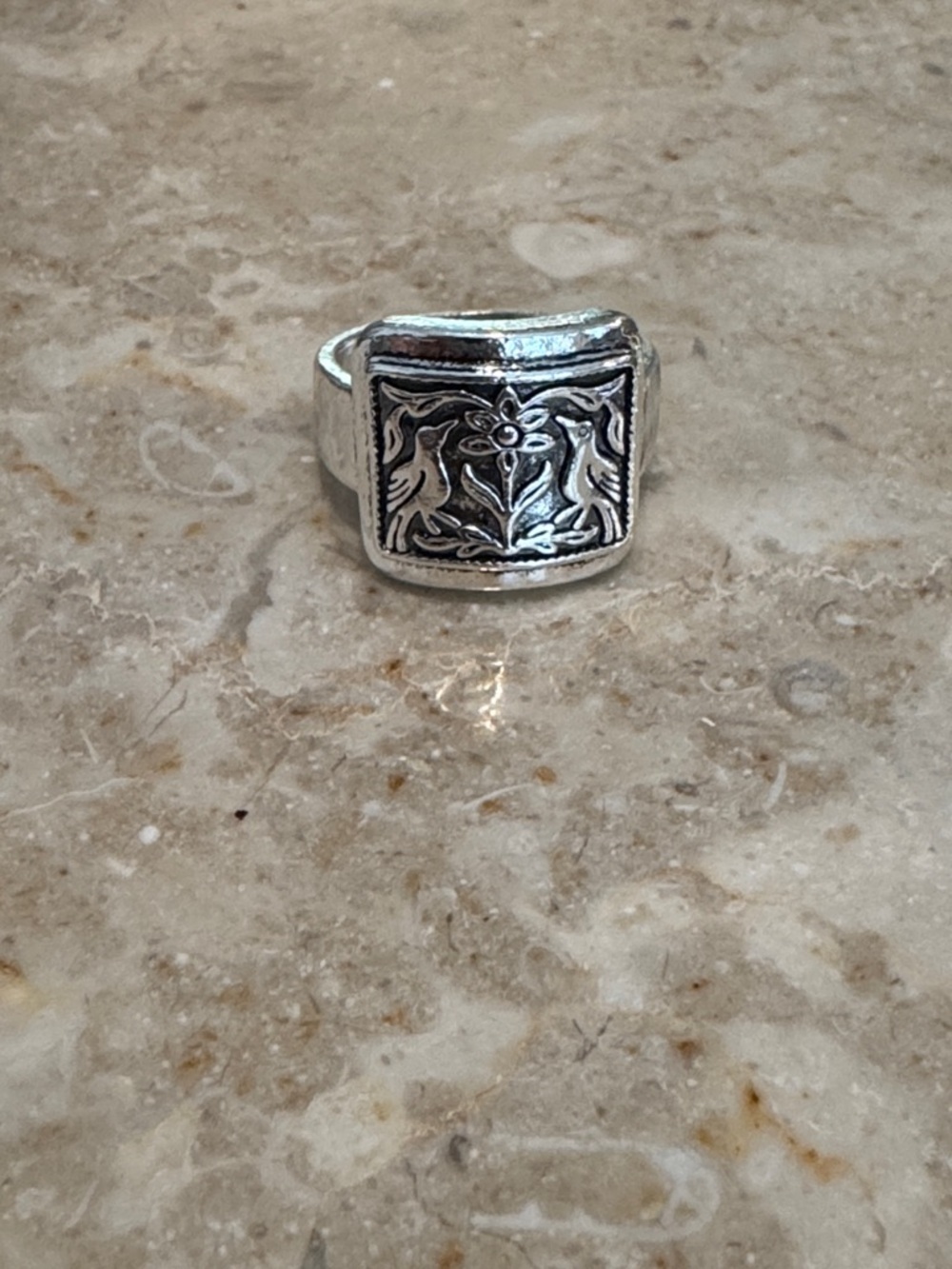 Sterling Silver Rectangular Bird & Flower Statement Ring